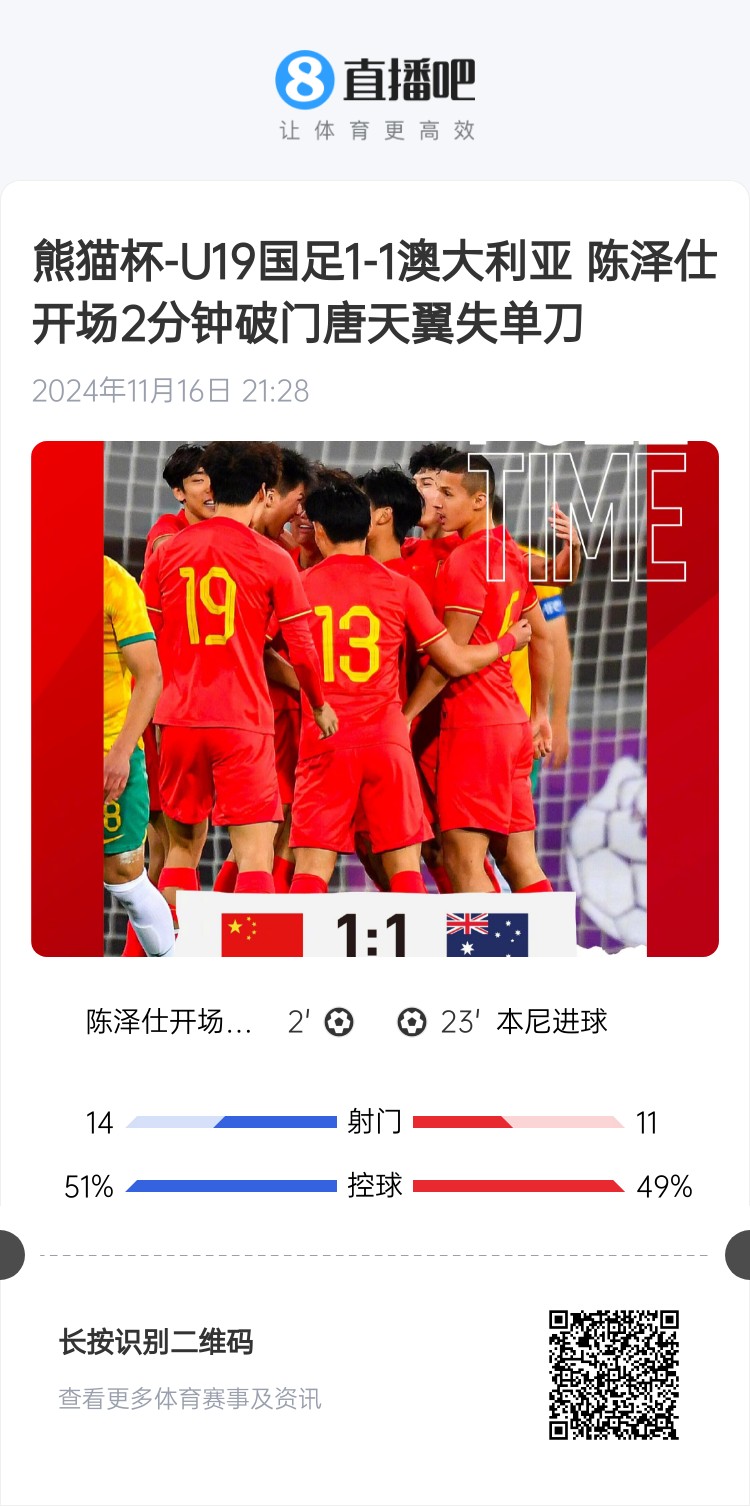  二番戰(zhàn)！U20國(guó)青與澳大利亞去年熊貓杯剛有過(guò)交手，雙方1-1戰(zhàn)平