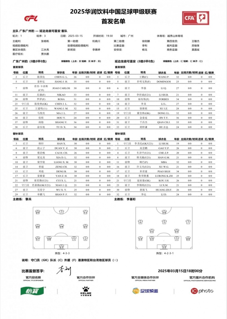  廣州豹vs延邊龍鼎首發(fā)：卡洛斯、羅薩、尼康三外援領銜廣州豹