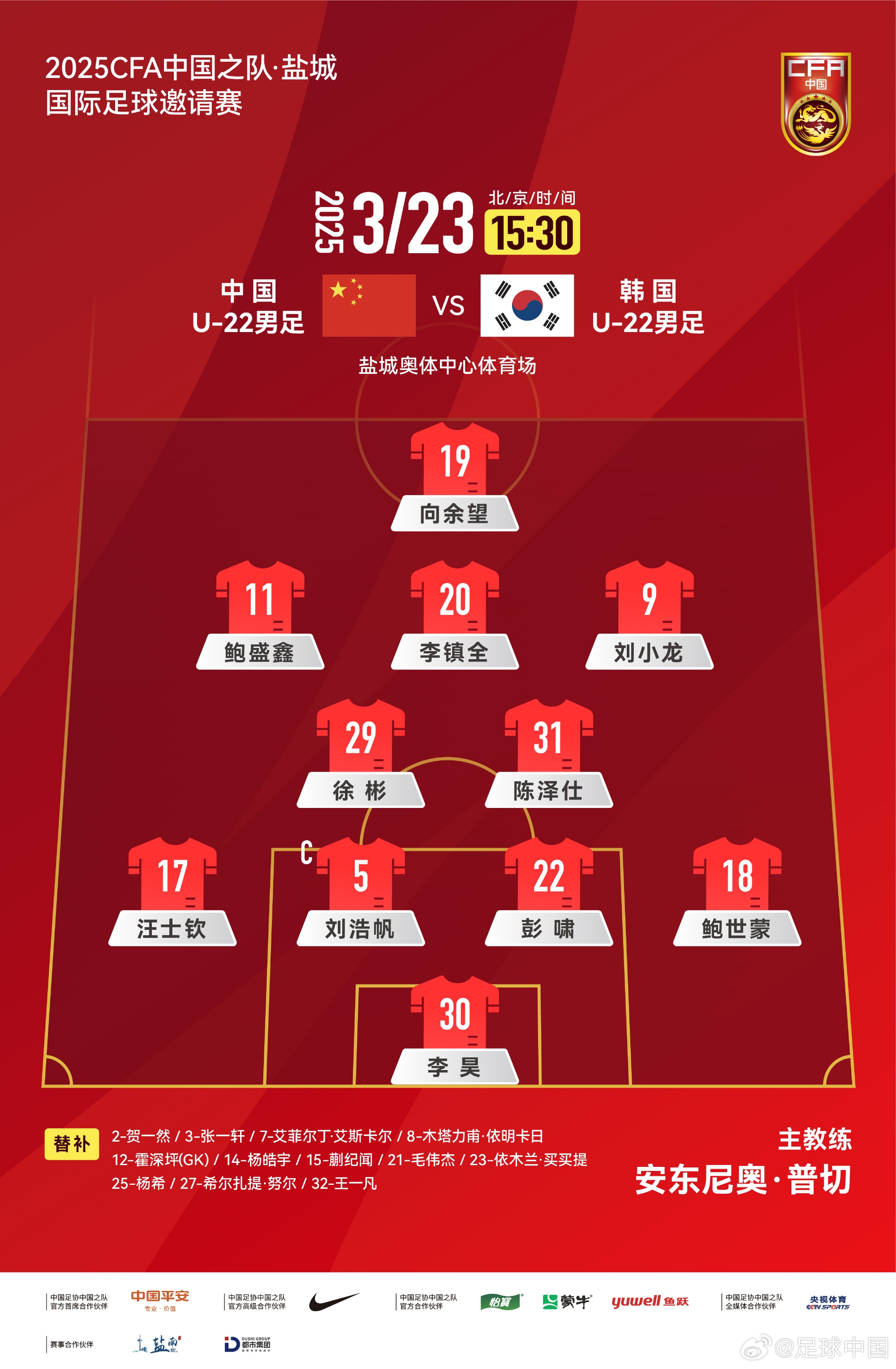  鹽城四國賽，中國U-22男足對陣韓國U-22男足，中國隊首發(fā)陣容